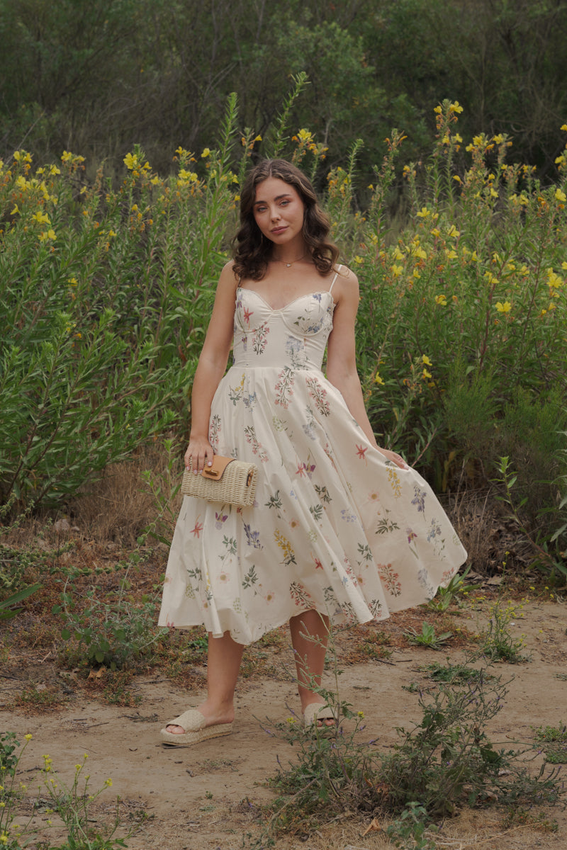 Kelly Sleeveless Floral Print Midi Dress Cream