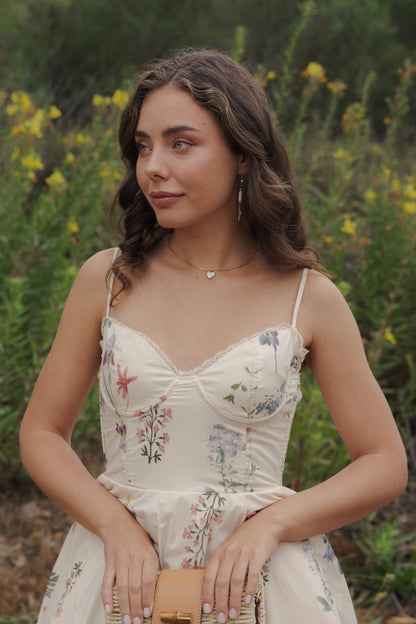 Kelly Sleeveless Floral Print Midi Dress Cream