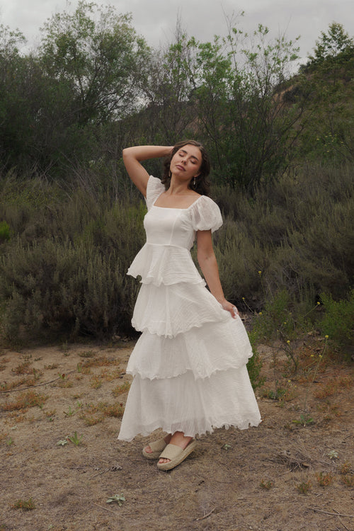 Eden Short Puff Sleeve Tiered Maxi Dress White
