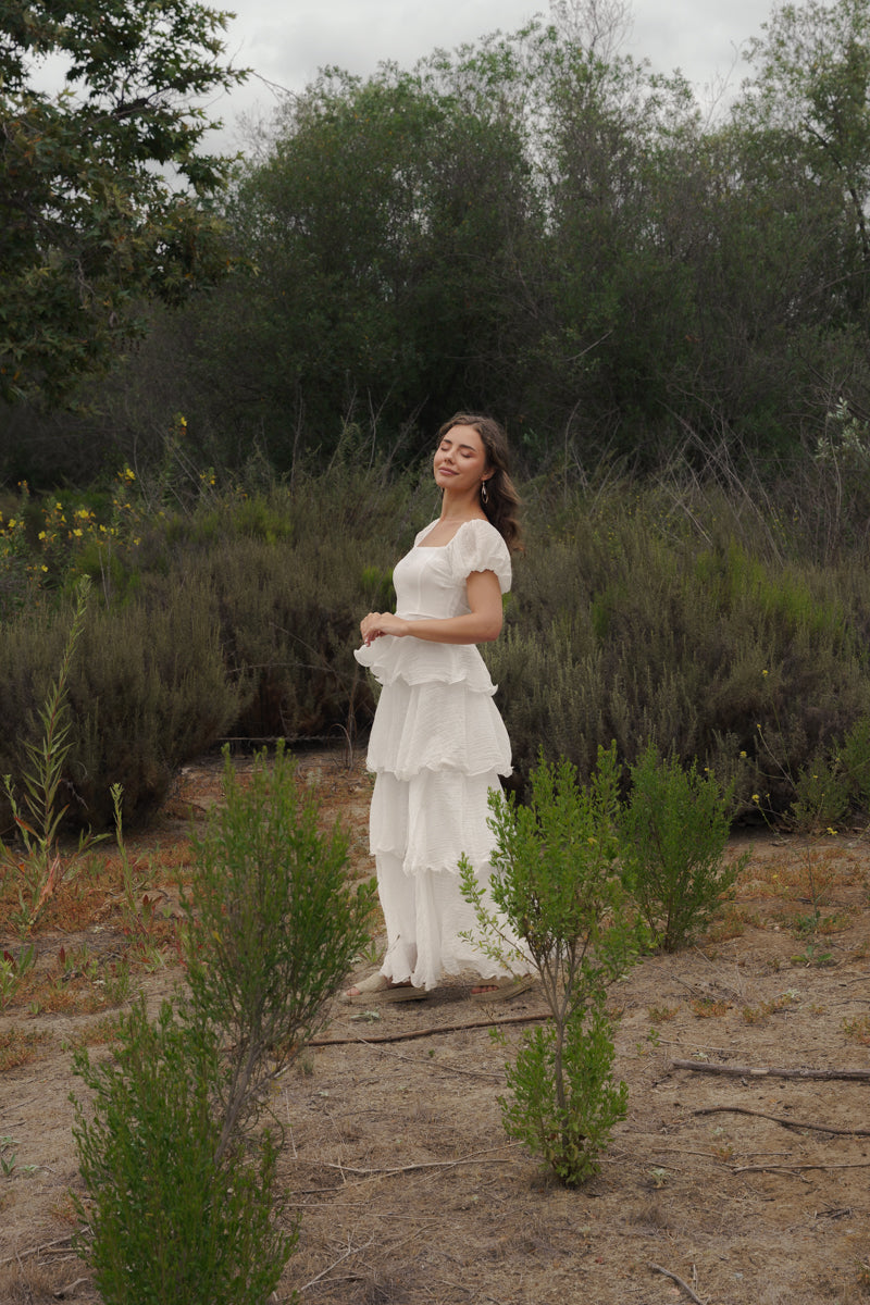 Eden Short Puff Sleeve Tiered Maxi Dress White