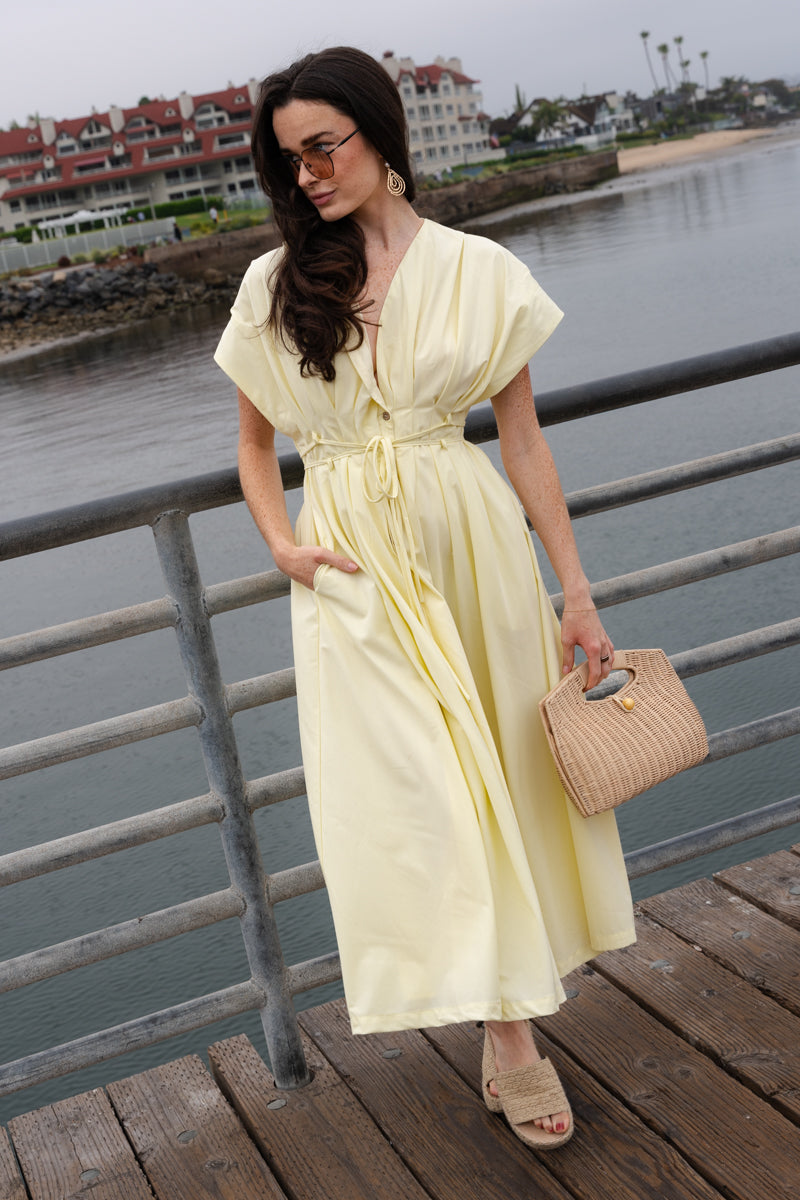 Gloria Short Sleeve Waist Tie Maxi Dress Yellow