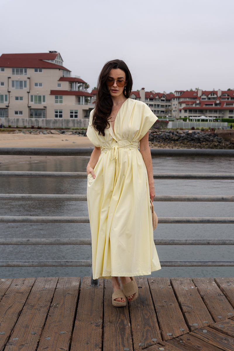 Gloria Short Sleeve Waist Tie Maxi Dress Yellow
