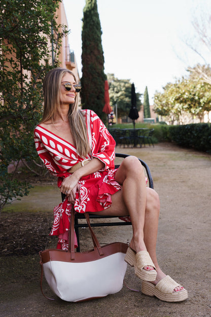 Justine 3/4 Dolman Sleeve Waist Tie Abstract Print Mini Dress Red