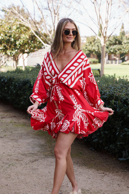 Justine 3/4 Dolman Sleeve Waist Tie Abstract Print Mini Dress Red