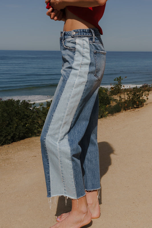 Rachel High Rise Cropped Barrel Two Tone Jeans Medium Wash