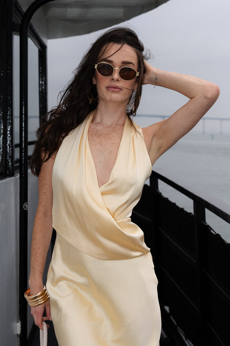 Thessaly Sleeveless Halter Open Back Maxi Dress Yellow