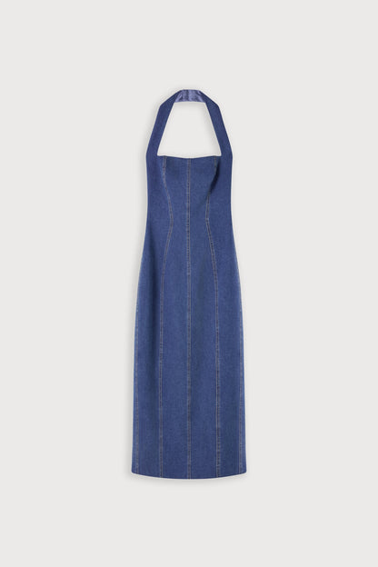 Cotton Mix Denim Halter Midi Dress