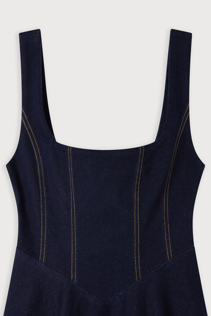 Cotton Mix Denim Square Neck Midi Dress