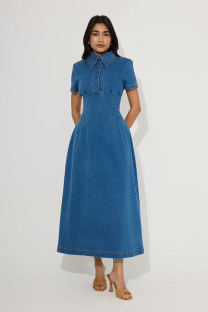 Cotton Mix Denim Collared Midi Dress