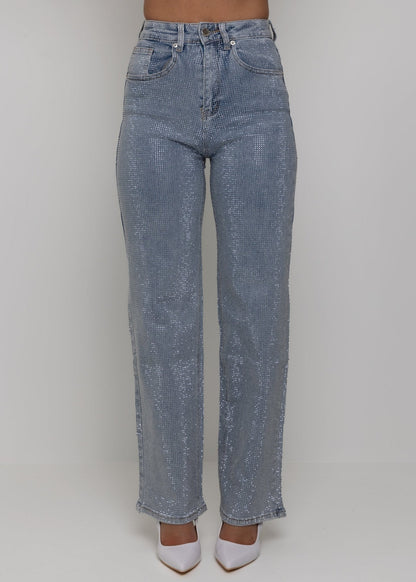 Forever Sparkle Diamante Straight Leg Jean - Blue