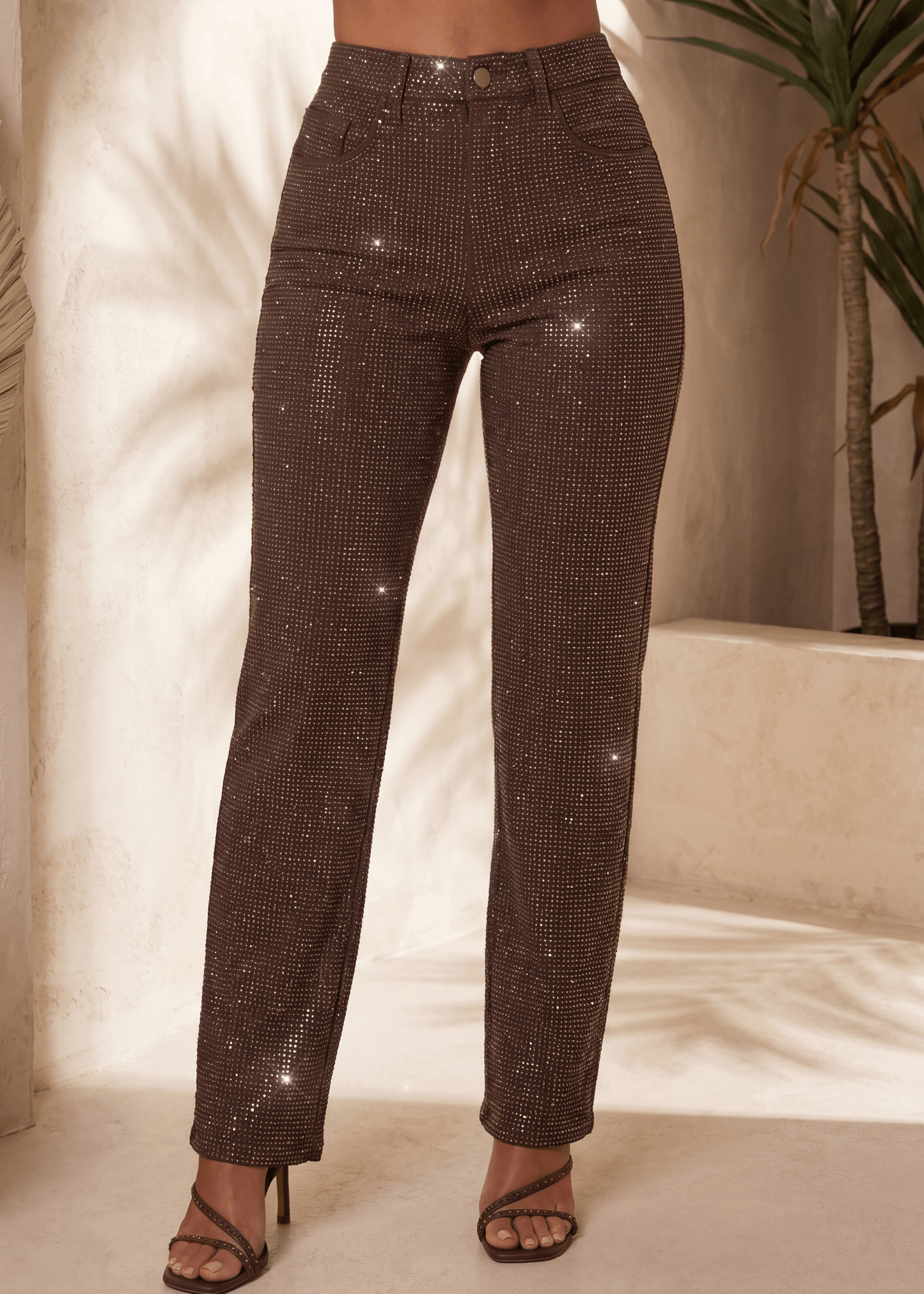 Inner Sparkle Embellished Diamante Jeans - Brown