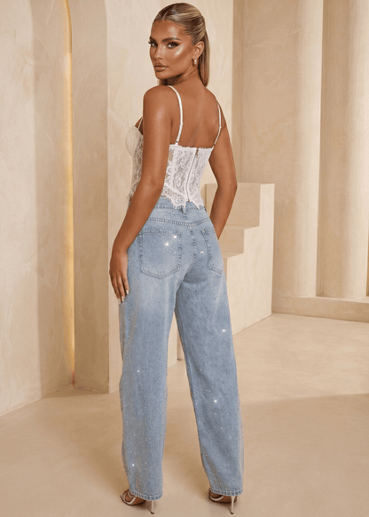 End Of An Era Lace Trim Barrel Denim Jeans - Blue