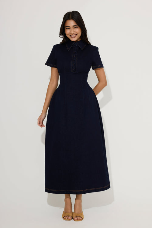 Cotton Mix Denim Collared Midi Dress