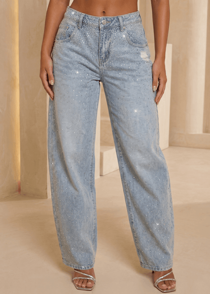 End Of An Era Lace Trim Barrel Denim Jeans - Blue