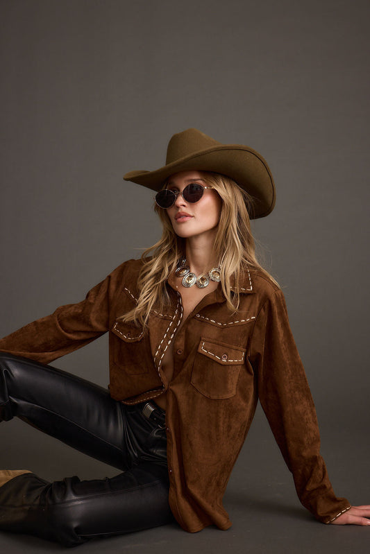 Rustic Pines Brown Suede Button Down Top