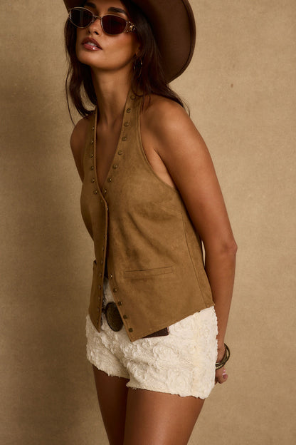 Thatcher Camel Suede Studded Top