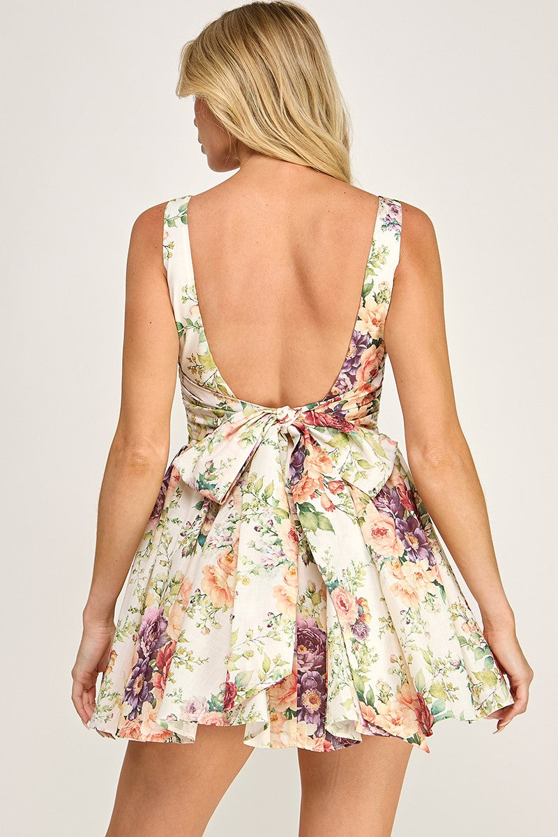 Talen Sleeveless Open Back Vintage Floral Print Mini Dress Ivory
