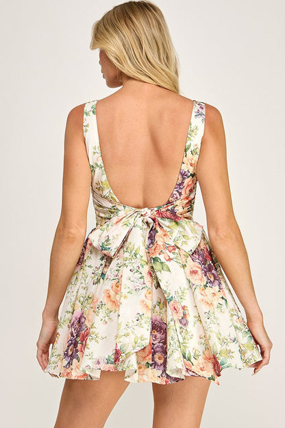 Talen Sleeveless Open Back Vintage Floral Print Mini Dress Ivory