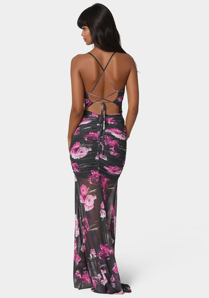 Twist Front Mermaid Mesh Gown