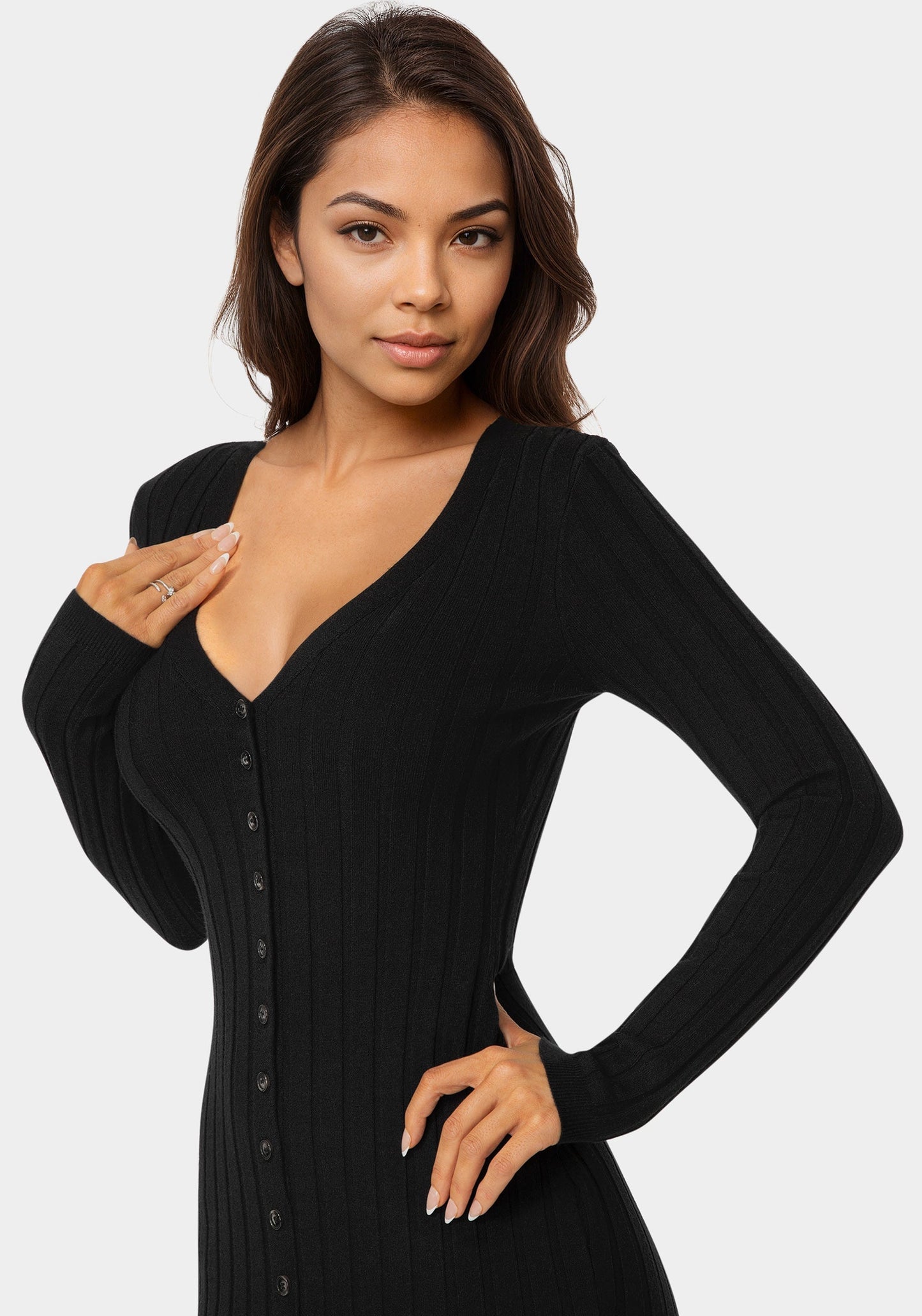 Button Front V-Neck Sweater Midi Dress
