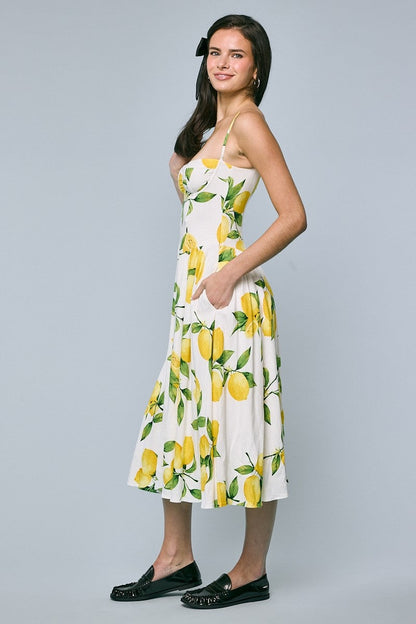 Yuri Sleeveless Lemon Print Midi Dress Yellow