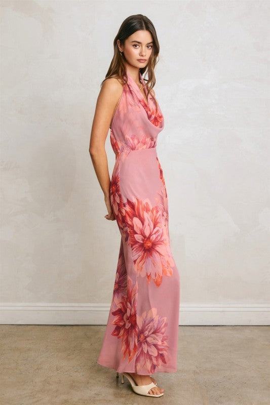 Caitlin Sleeveless Halter Open Back Floral Print Maxi Dress Pink